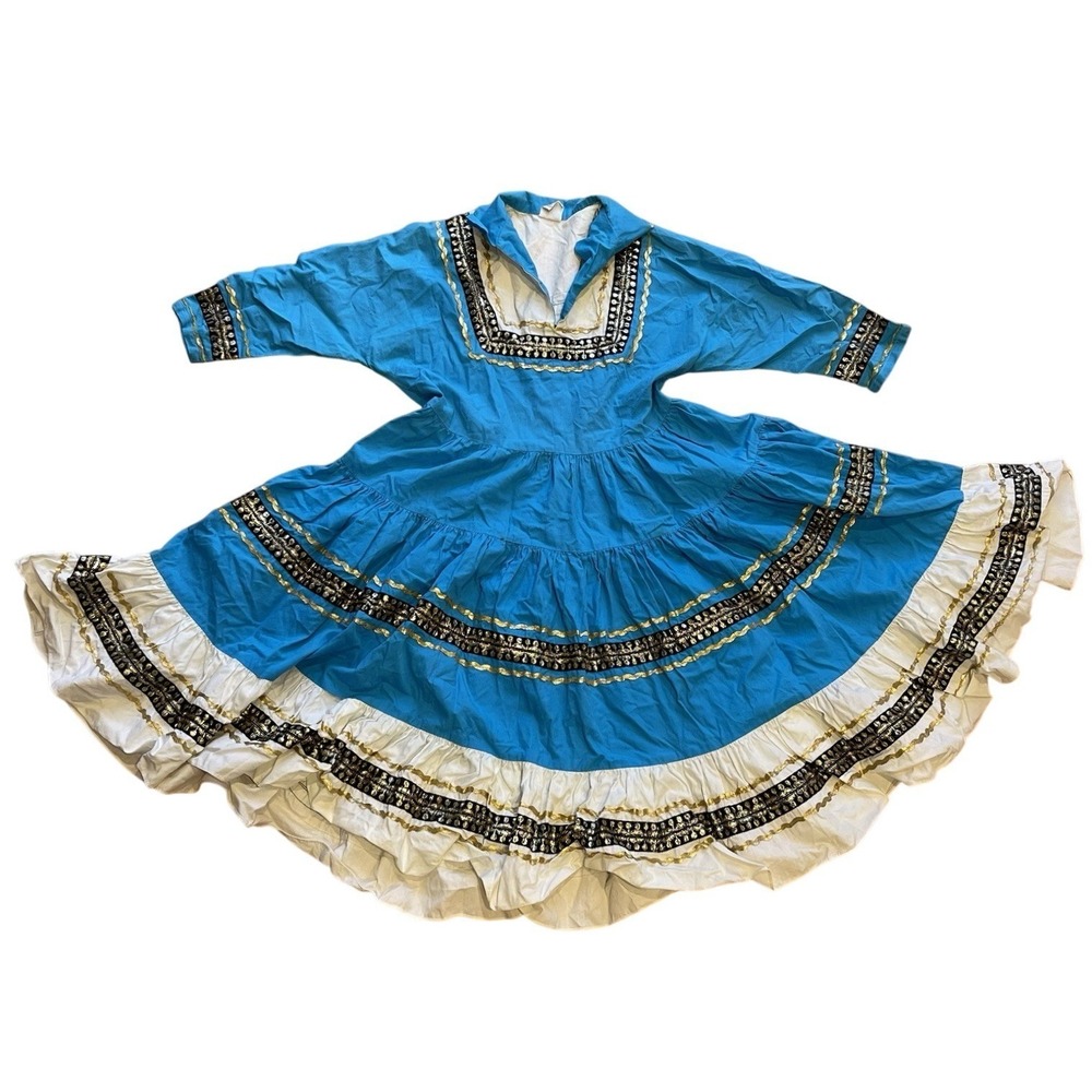 Joni Apple Blue Patio Dress XS 1950s Vintage Rockabilly Ricrac Tiered Skirt